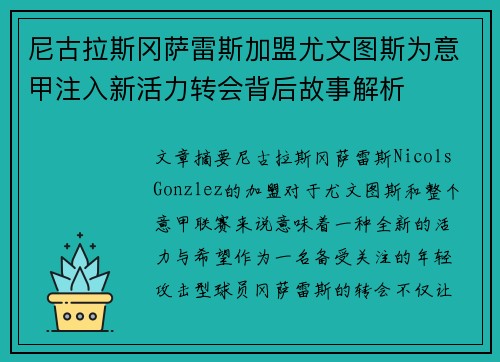 尼古拉斯冈萨雷斯加盟尤文图斯为意甲注入新活力转会背后故事解析